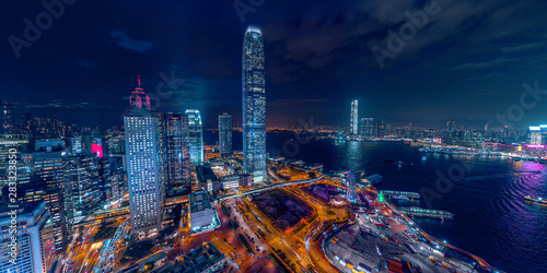 Photography Panorama aerial view of Hong Kong Nightscape in Central