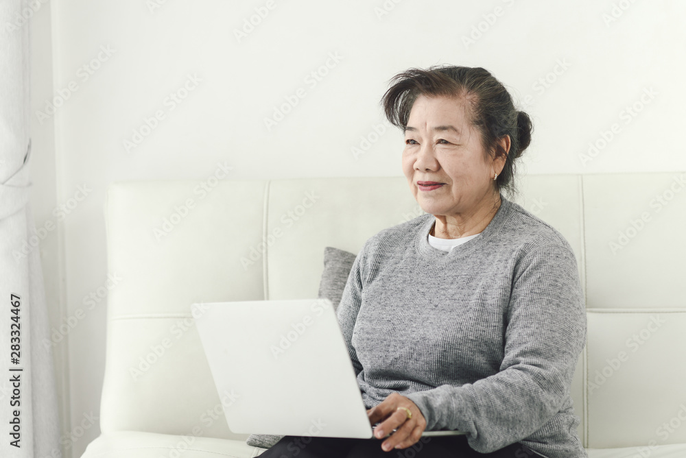 Happy Asian senior woman using laptop at home, lifestyle concept. Happy Asian senior woman using laptop at home, lifestyle concept.