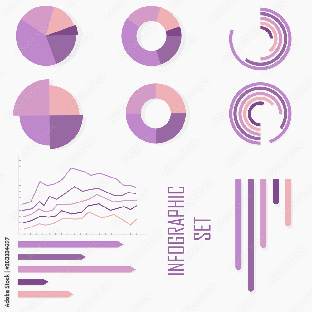 Set of infographics with diagrams and graphs. 9 elements. Different colors: Pink, Beige, Purple, Violet