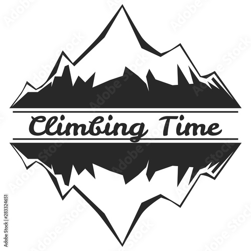 Logo in engraving style. Black and white. Mountains and their reflection. Flat image. A call to travel, adventure, freedom