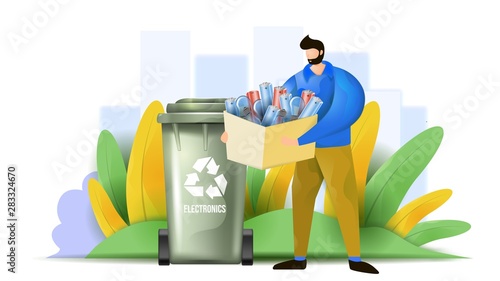 A man is sorting the electronic waste. Flat vector illustration showing e-waste design concept.