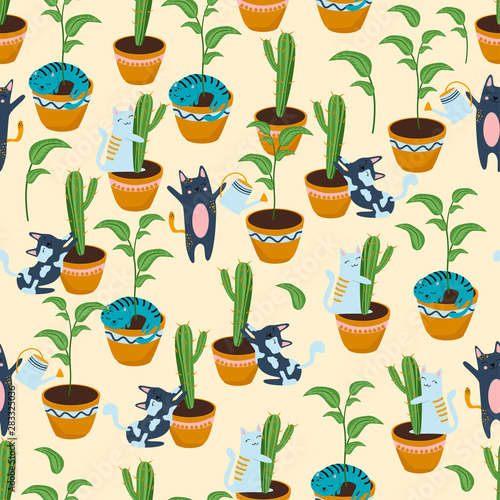 seamless pattern with cats and flowerpots - vector illustration, eps