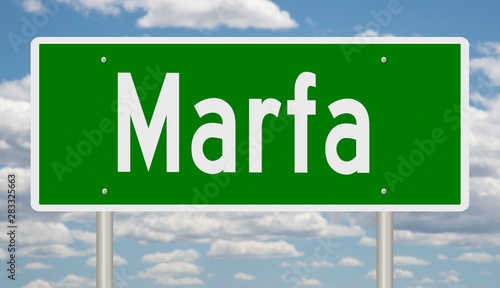 Rendering of a green highway sign for Marfa Texas photo