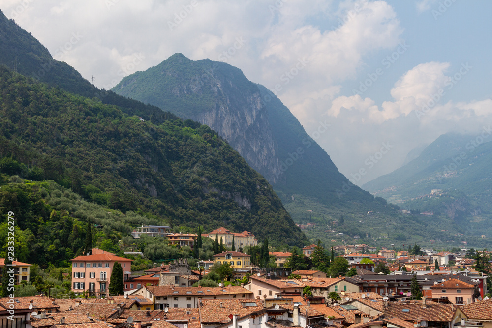 Riva del Garda View from the top of Torre Apponale with mountain background