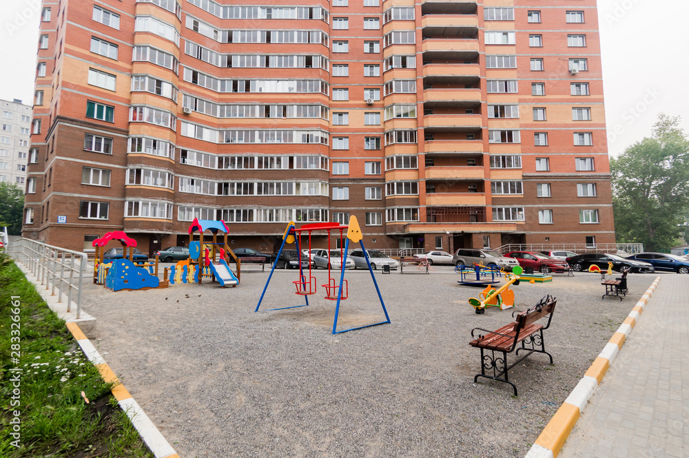 Russia, Novosibirsk - June 15, 2019: Russian courtyards. buildings, house architecture, exterior. city ​​views