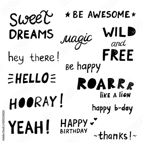 Happy Birthday Party lettering sign quote typography set. Calligraphy design for postcard poster graphics. Simple vector brush sign