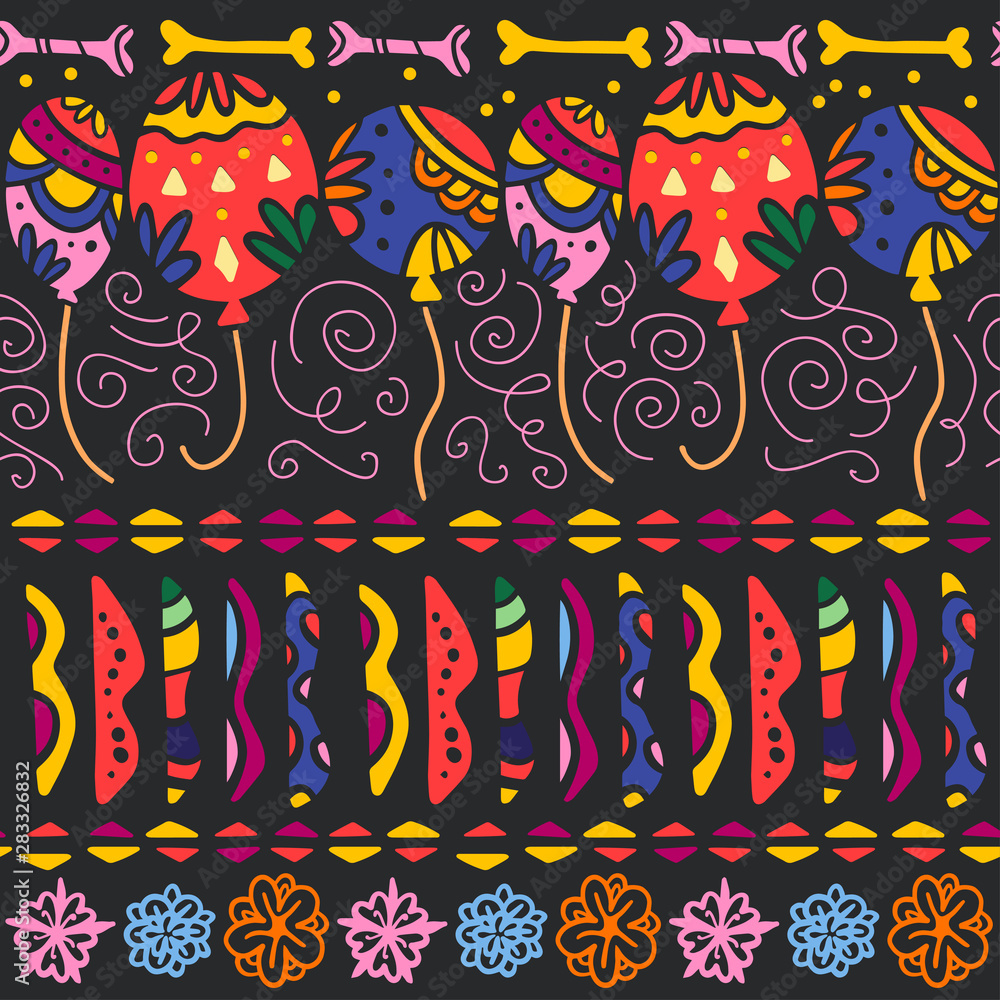 Vector seamless pattern with Mexico traditional celebration decor elements - bones, air balloons, flowers, colorful abstract ornaments isolated on dark background. Good for packaging, prints, textile.