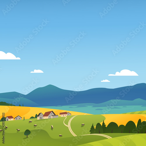 Vector flat landscape illustration of summer countryside nature view: sky, mountains, cozy village houses, cows, fields and meadows. For farm product packaging, sticker design, banner, flayer etc.
