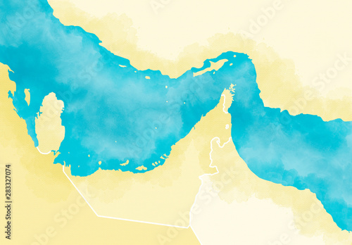 Strait of Hormuz. Map of the Middle East, Persian Gulf and Indian Ocean connecting across the Strait of Hormuz. Satellite view of Iran, United Arab Emirates, Qatar, Bahrain and Oman