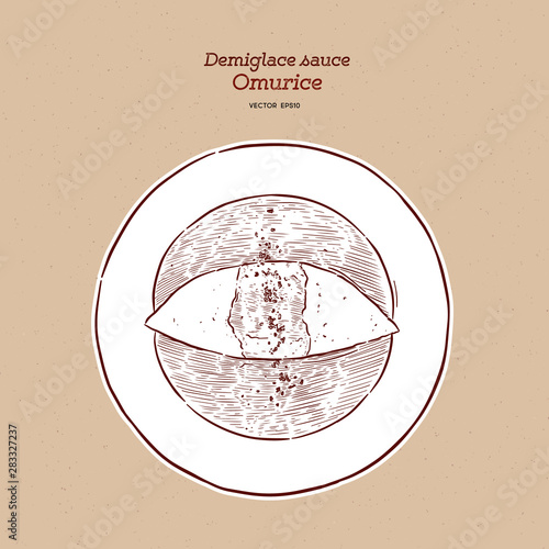 Demi glace sauce omurice. hand draw sketch vector.