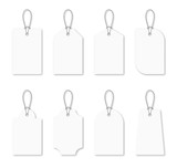 Set of blank white tags with rope. White shopping labels and price tags in different shapes. Mockup and template for paper price tag