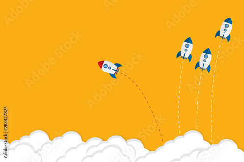 Think differently concept. Be different. Red rocket changing direction. New idea, change, trend, courage, creative solution, innovation and unique way concept. 