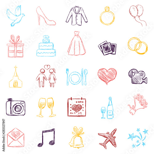 Vector Set of Color Sketch Weddings Icons
