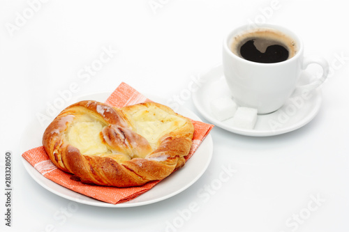 cup of coffee and Cheese Danish on white background