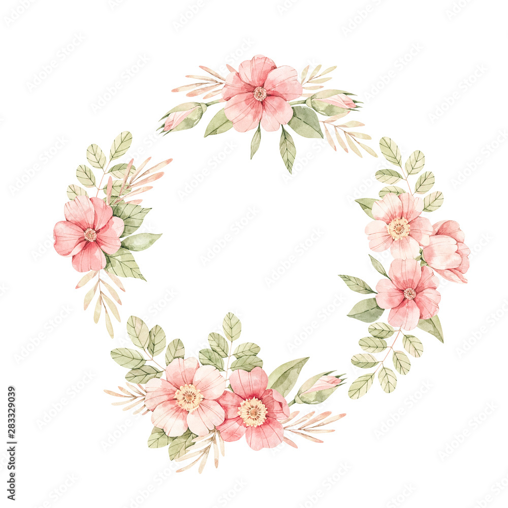 Fototapeta premium Watercolor botanical illustration. Wreath with Pink dog-rose blossom. Composition with gentle rose, bud, branches and green leaves. Perfect for wedding invitations, cards, frames