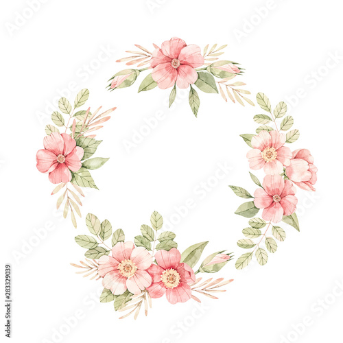 Fototapeta Naklejka Na Ścianę i Meble -  Watercolor botanical illustration. Wreath with Pink dog-rose blossom. Composition with gentle rose, bud, branches and green leaves. Perfect for wedding invitations, cards, frames