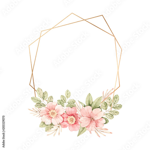 Watercolor botanical illustration. Wreath with Pink dog-rose blossom and golden frame. Composition with gentle rose, bud, branches and green leaves. Perfect for wedding invitations, cards, frames
