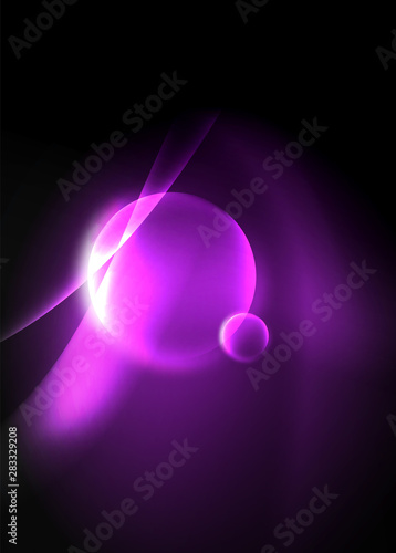 Dark space with shiny neon light motion waves. Abstract concept graphic element. Vector neon background. Technology background