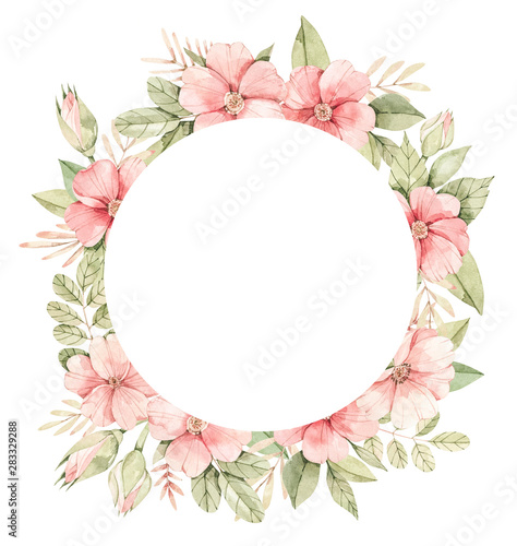 Watercolor botanical illustration. Label with Pink dog-rose blossom. Circle with gentle rose  bud  branches and green leaves. Perfect for wedding invitations  cards  frames  posters  packing.
