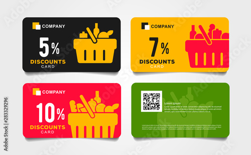 Set of cards, vouchers for grocery store with shopping basket pictogram full of meal goods, simple mordern graphic