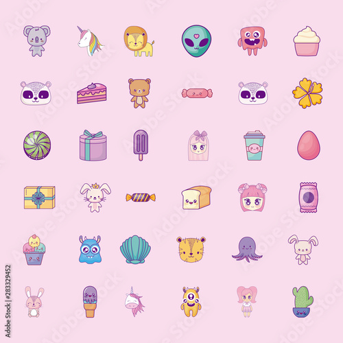 cute set icons style kawaii