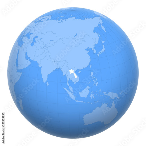 Laos on the globe. Earth centered at the location of the Lao People's Democratic Republic. Map of Laos. Includes layer with capital cities.