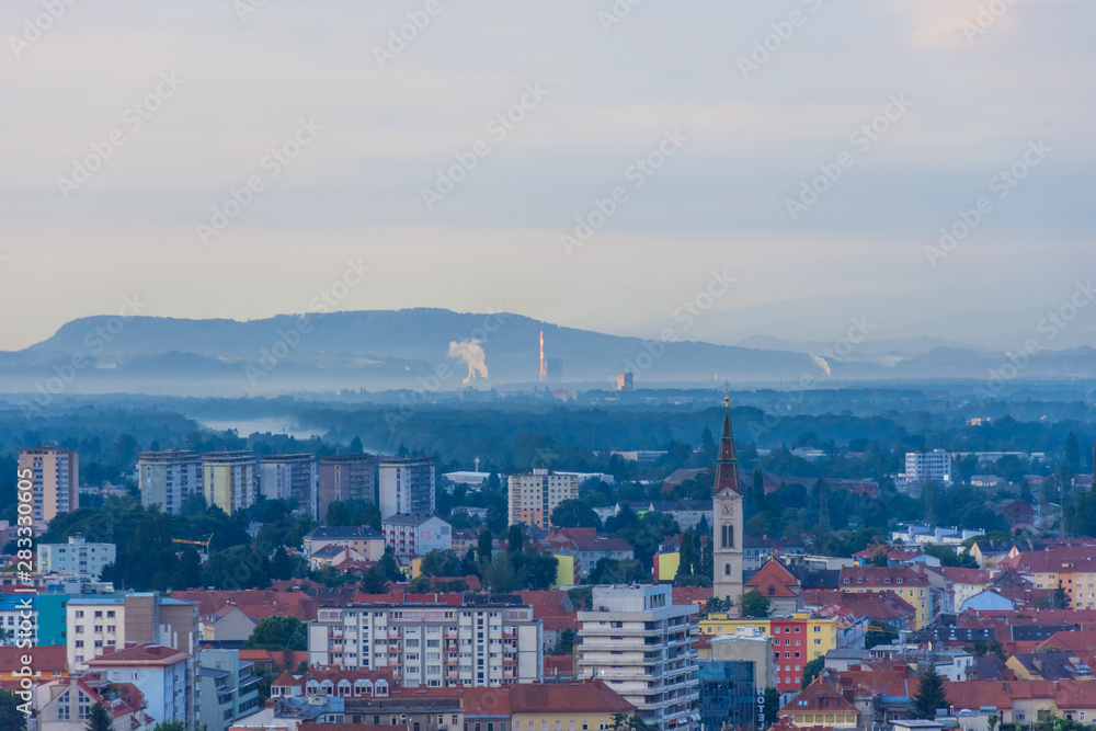 Cityscape of Graz, view from Shlossberg hill, Graz, Styria region, Austria
