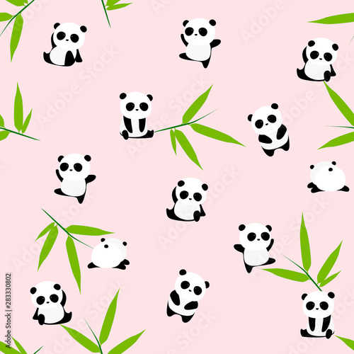 Cute cartoon panda bear seamless pattern, animals on background with bamboo leaf, for kids