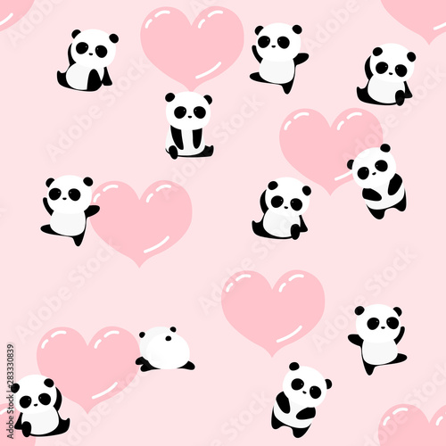 Fototapeta Naklejka Na Ścianę i Meble -  Cute cartoon panda bear seamless pattern, romantic animal background, for kids, for Valentine’s day