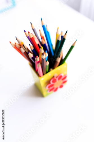 Many color pencils in cute box. colored pencils