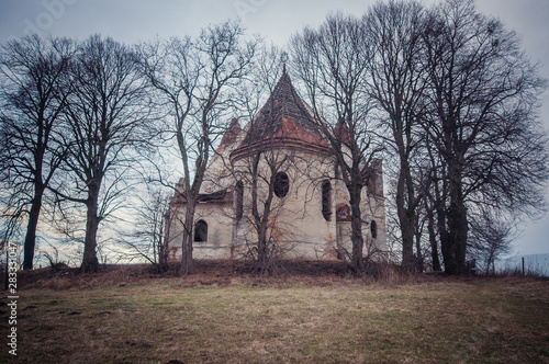 Old abandoned orhodox church inside the trees photo