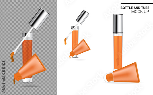 Bottle and Tube Mock up Realistic Transparent, Orange Cosmetic. Health care and Medical Product Packaging for Lipgloss and Lips Balm Template Set for Skincare. Background Vector