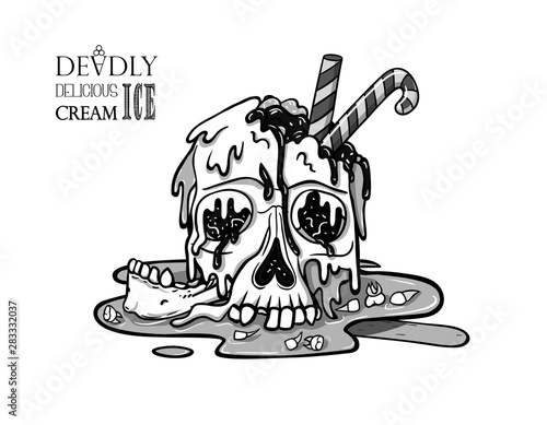 Ice cream skull melts and flows. Broken jaw, teeth fell out. Candy cane sticks out of ice cream. Creepy cartoon illustration for prints, t-shirts, Halloween or tattoo. Black and white.