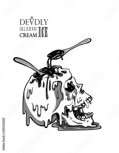Skull ice cream melts and flows. Eat jam with spoon of the skull. Make the brain. Creepy cartoon illustration for prints, t-shirts, Halloween or tattoo. Black and white.