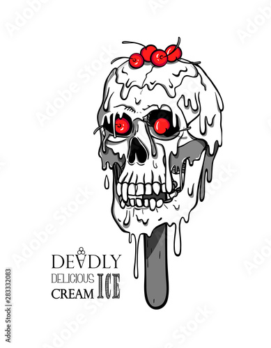 Skull ice lolly with cherry melts and flows. Creepy cartoon ice cream illustration for prints, t-shirts, Halloween or tattoo. Black, red and white.