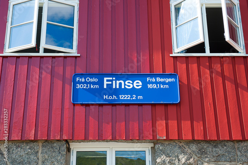 Finse sign at the railway station in Finse on Oslo-Bergen line in Norway on July 28 2019