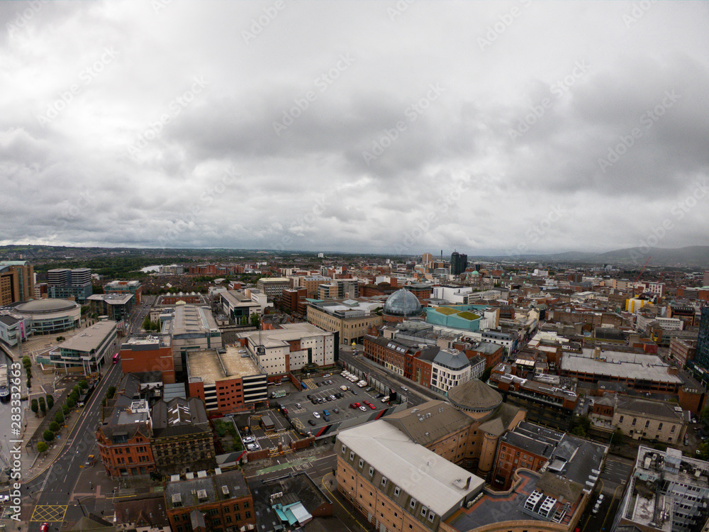 Fototapeta premium Belfast, Northern Ireland Aerial view of architecture and buildings. View on City from above 