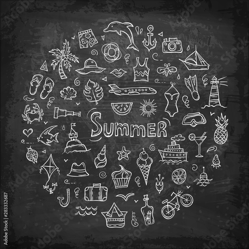 Doodle summer symbols. Set of hand-drawn icons on a black chalk board background. Vector illustration on the theme of recreation, sea and entertainment.