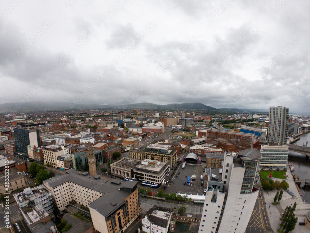Belfast, Northern Ireland Aerial view of architecture and buildings. View on City from above 