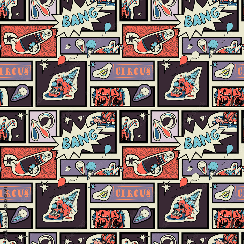 Vector seamless pattern in comic pop art style. Creepy circus elements, evil clown and human skull. Comic book..