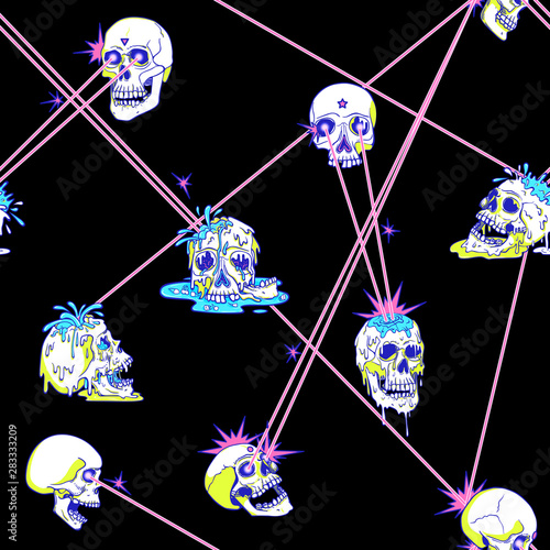 Laser shooting, shoot eyes. Skulls, superheroes fight with light rays. Creepy cartoon illustration for prints, t-shirts, Halloween or tattoo.