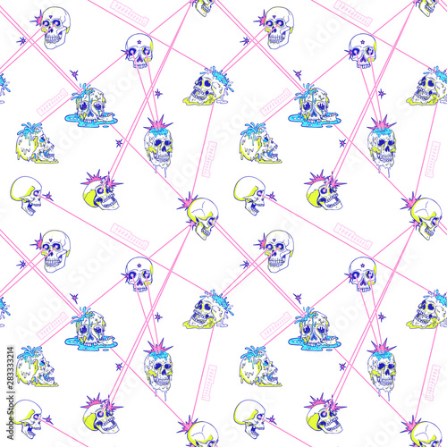 Laser shooting, shoot eyes. Skulls, superheroes fight with light rays. Creepy cartoon illustration for prints, t-shirts, Halloween or tattoo.