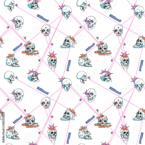 Laser shooting, shoot eyes. Skulls, superheroes fight with light rays. Creepy cartoon illustration for prints, t-shirts, Halloween or tattoo.