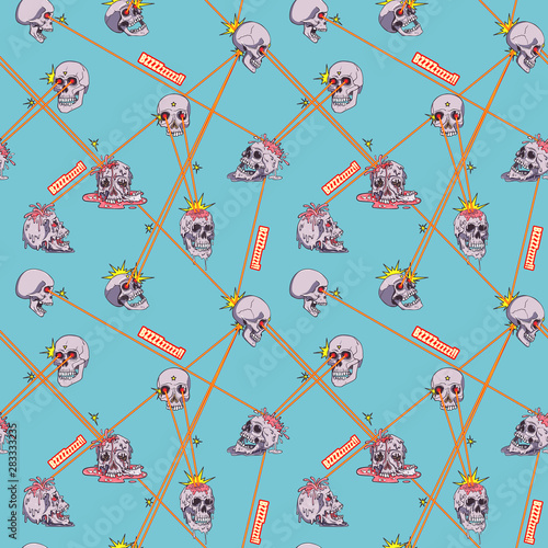 Laser shooting, shoot eyes. Skulls, superheroes fight with light rays. Creepy cartoon illustration for prints, t-shirts, Halloween or tattoo.