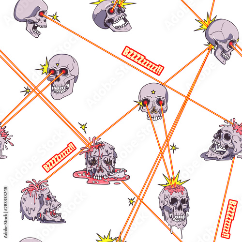 Laser shooting, shoot eyes. Skulls, superheroes fight with light rays. Creepy cartoon illustration for prints, t-shirts, Halloween or tattoo.