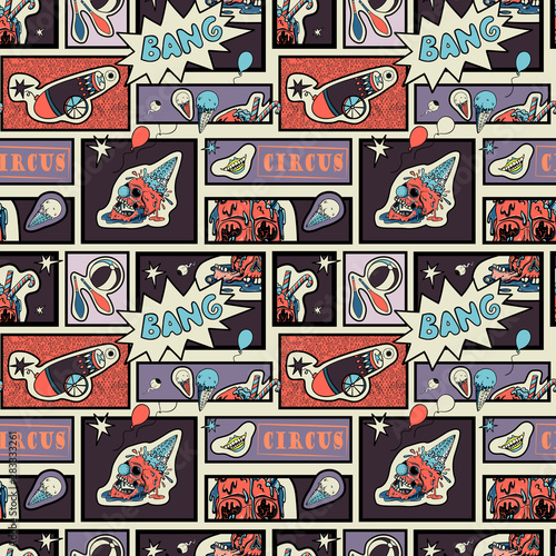 Vector seamless pattern in comic pop art style. Creepy circus elements, evil clown and human skull. Comic book..