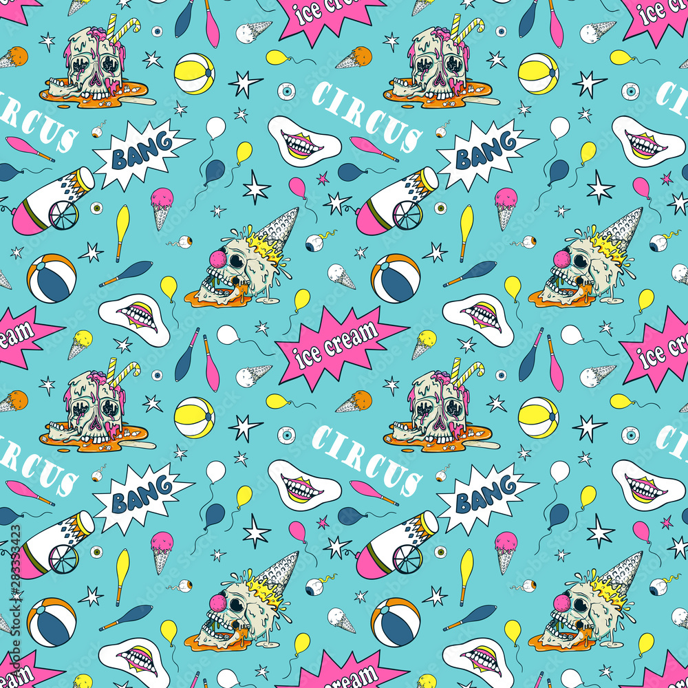 Vector seamless pattern circus elements, a human skull and melting ice cream. Creepy cartoon illustration for prints, t-shirts, Halloween or tattoo. Vector seamless pattern circus elements, a human skull and melting ice cream. Creepy cartoon illustration for prints, t-shirts, Halloween or tattoo.