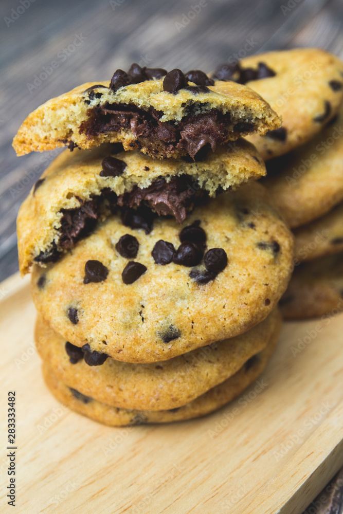 Soft chocolate chip Cookies nutella on the Wooden plate,wood table blackground