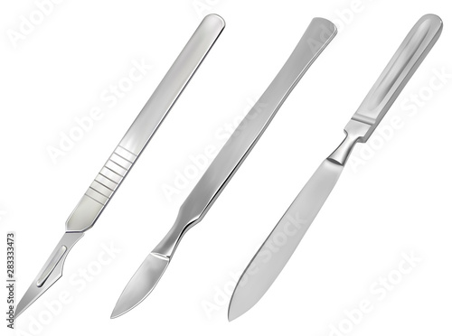 A set of surgical cutting tools. Reusable all-metal scalpel, delicate pointed scalpel with removable blade and amputation knife Liston. Realistic objects on a white background. Vector