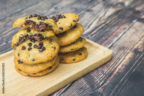 Soft chocolate chip Cookies nutella on the Wooden plate,wood table blackground